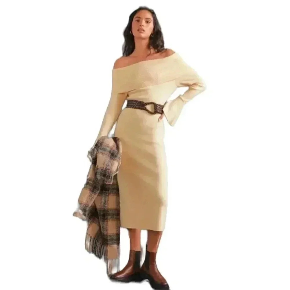 NWT Anthropologie Callahan Slim Sweater Cream Off Shoulder Maxi Dress Size: M